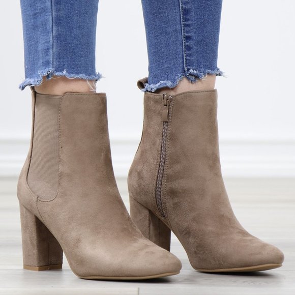 Shoes - Taupe Suede Chelsea Round Toe Block High Heel Above Ankle Boots